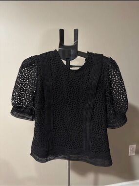 Pinky Black Crochet Puff-Sleeve Top